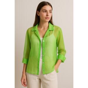 Vintage Silk Organza Sheer Lime Green Blouse Embroidered Floral Button Shirt Med